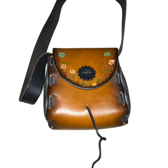 Vintage Hand Tooled Hand Painted Leather Purse Brown Grey Pink Floral BoHo 70’s - Picture 4 of 8